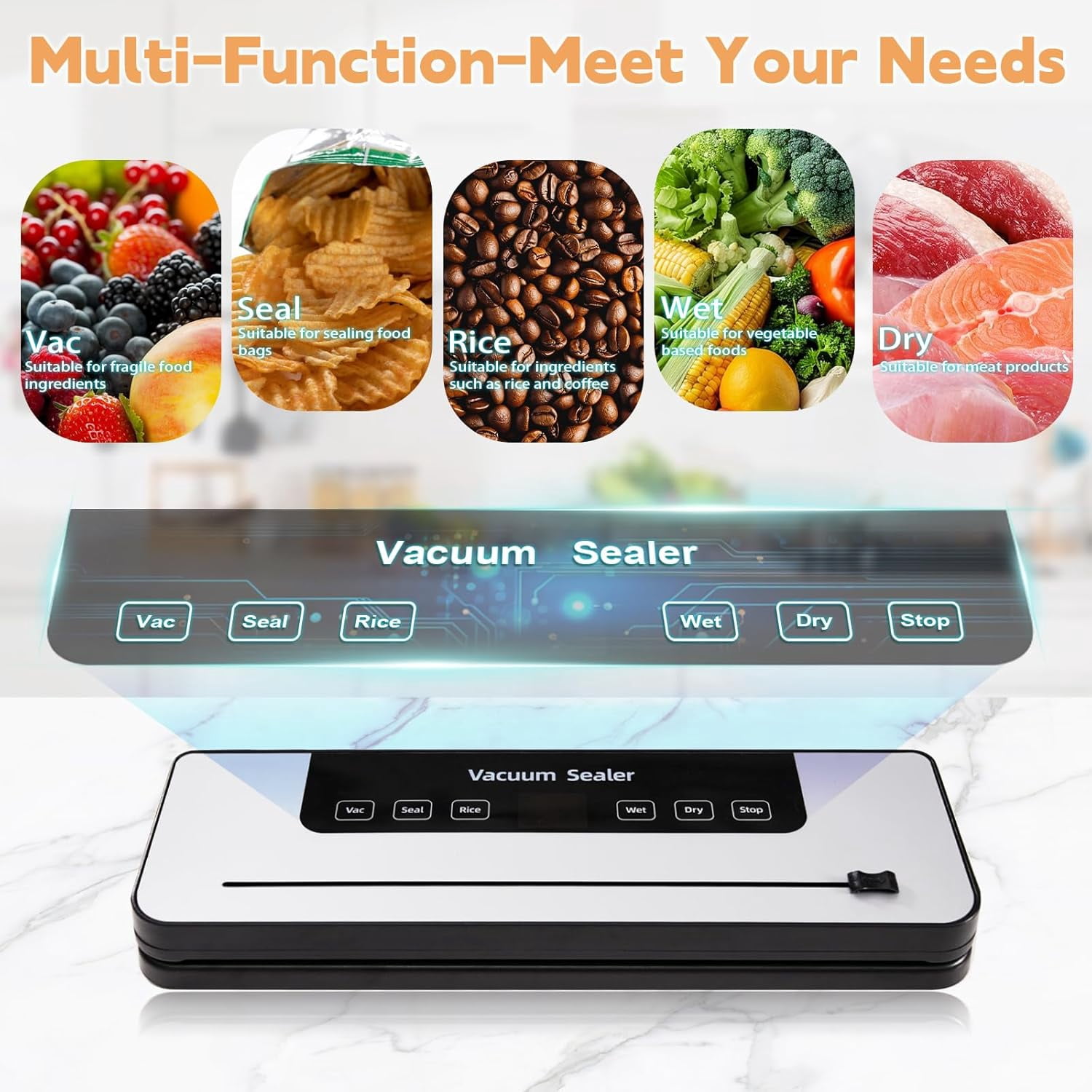 Food Vacuum Sealer Machine, 8-in-1 Multifunction, 10s Fast Sealing for Dry & Moist Food, Compact Design with Built-in Cutter & 10 Vacuum Bags,White