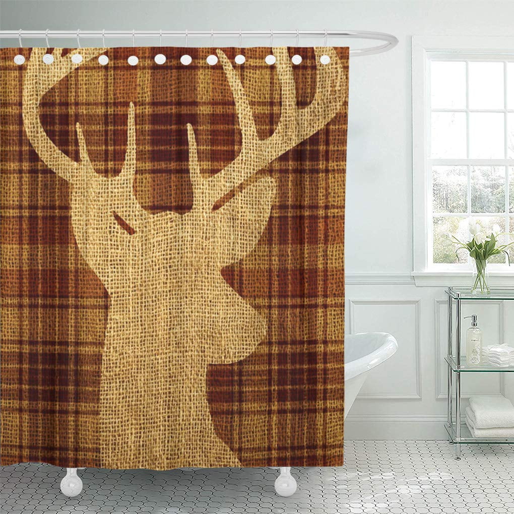 ATABIE Buck Hip Rustic Deer on Plaid Hunter Cabin Shower Curtain 66x72