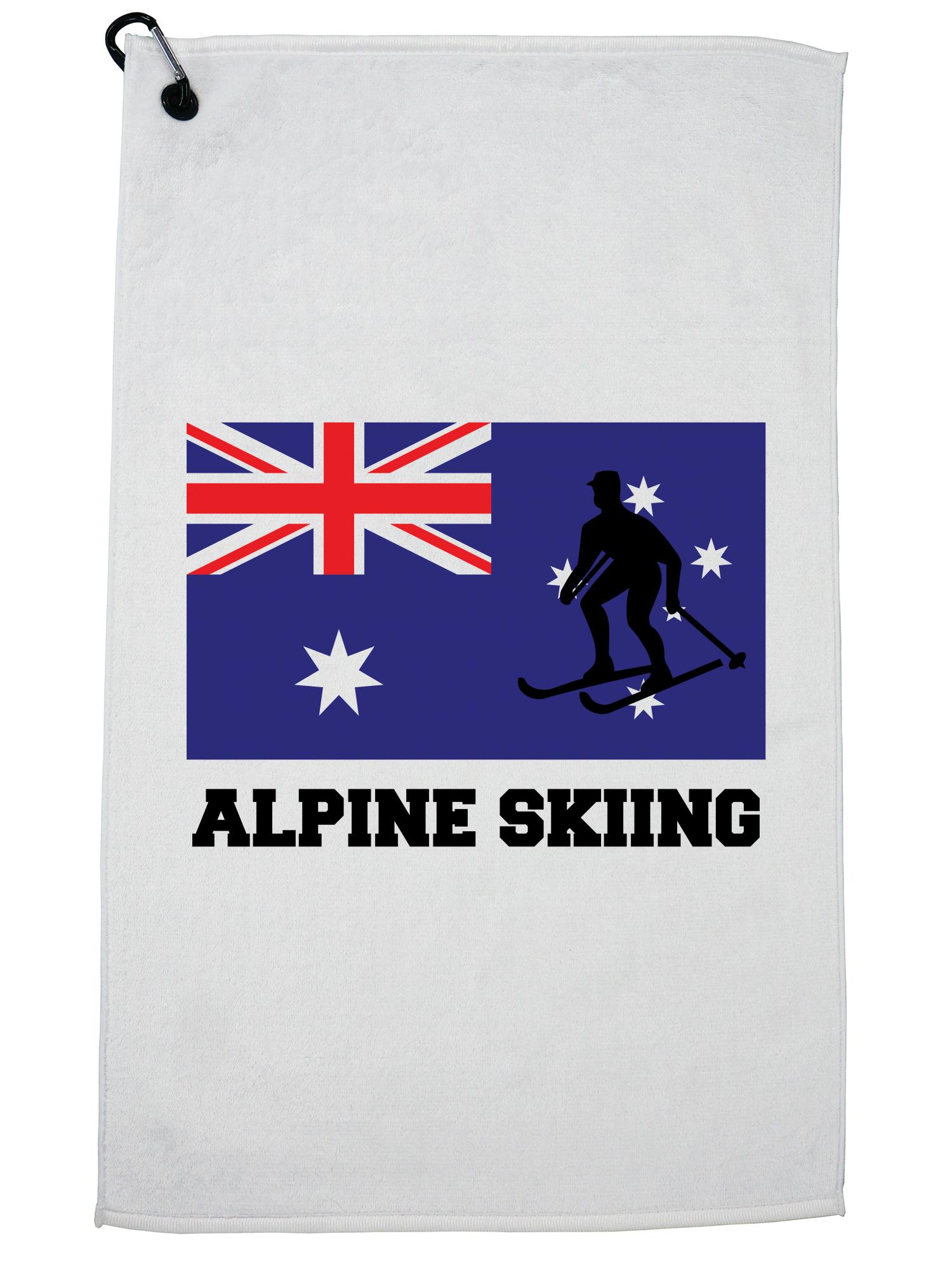 Australia Olympic Alpine Skiing AUS Flag Silhouette Golf Towel with Carabiner Clip by Hollywood Thread