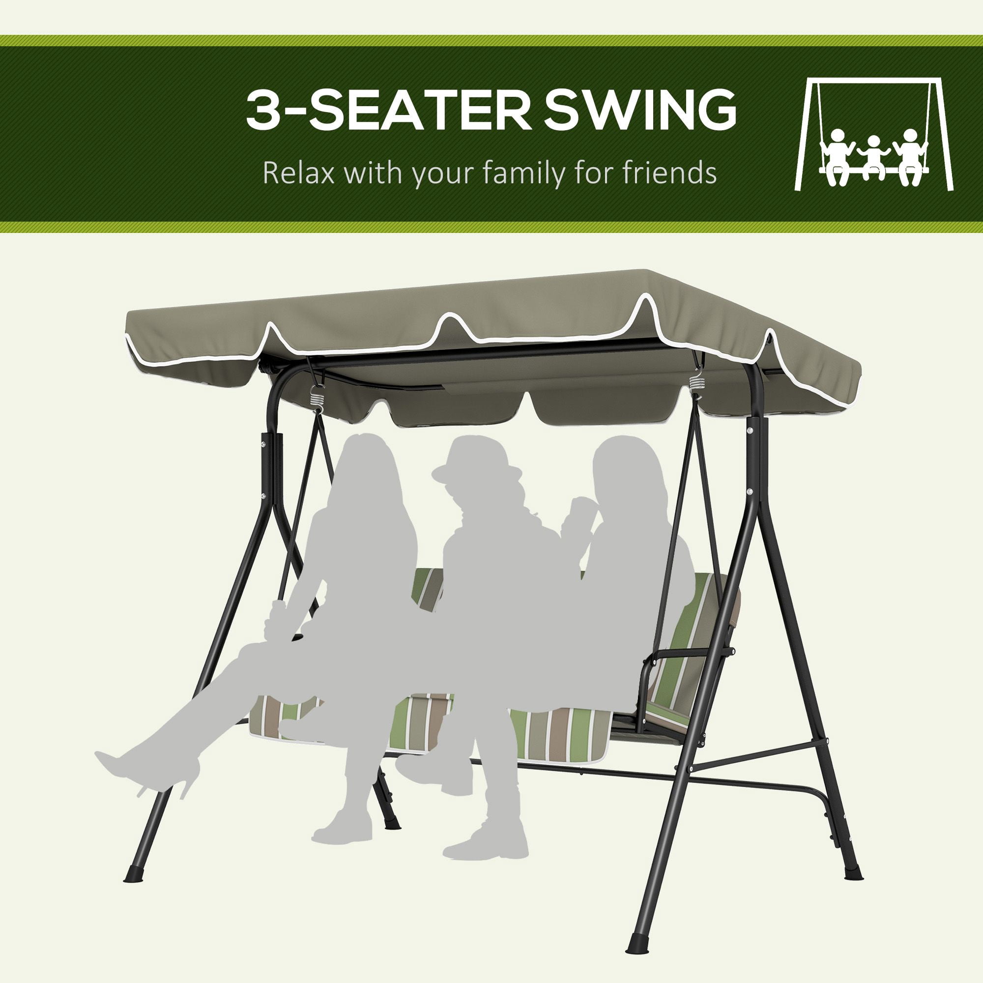 3 Person Outdoor Porch Swing with Stand & Adjustable Tilt Canopy, Cushioned Patio Swing Bench Heavy Duty A-Frame Steel Supports 594lbs for Backyard Poolside Balcony