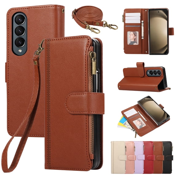 PU Leather Wallet Phone Case for Samsung Galaxy Z Fold 3 Flip Case with Card Holder, RFID Blocking Wallet, Zipper, Wristband & Kickstand, Shockproof Rugged Crossbody Phone Case Cover,Brown