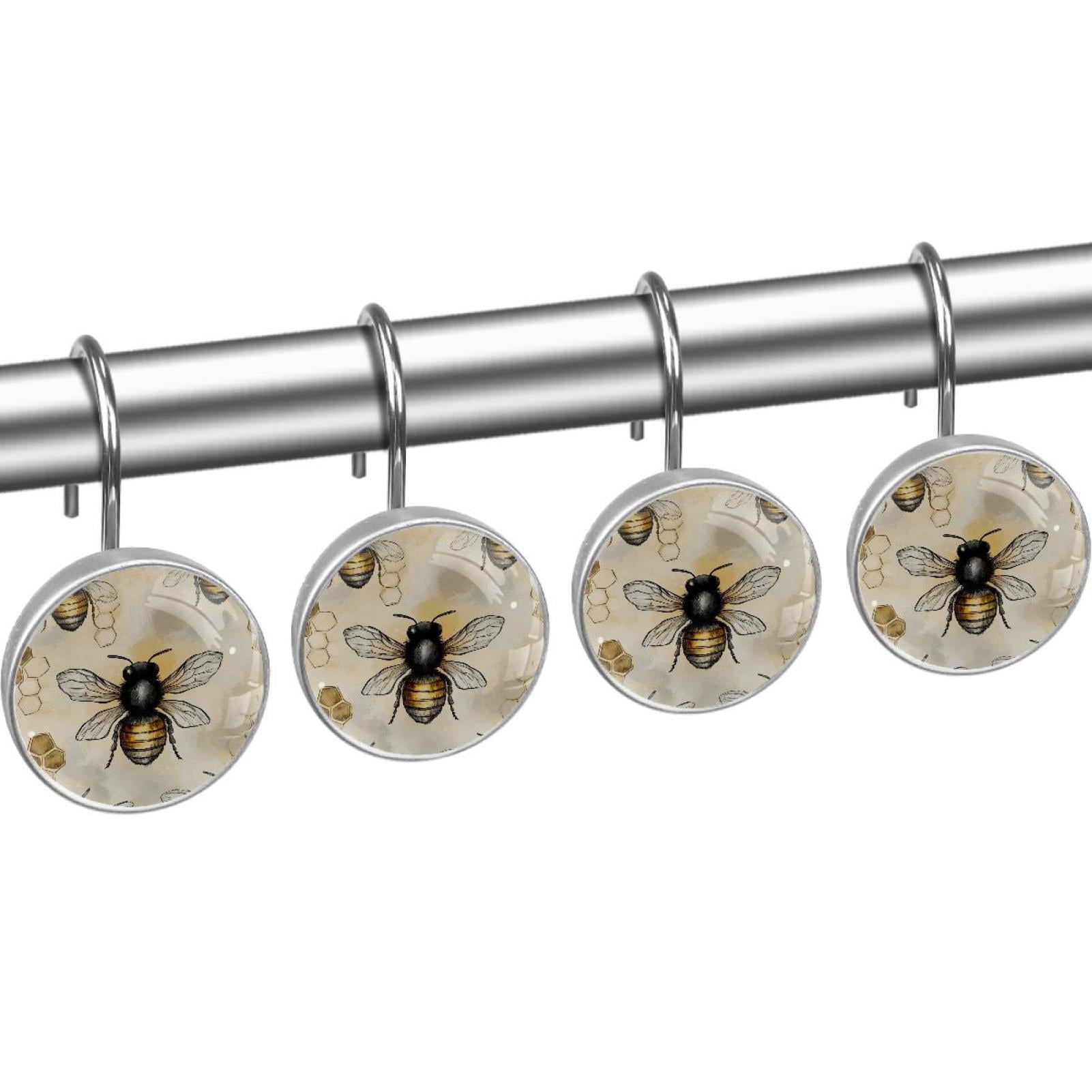 Honey Bees and Hives Shower Curtain Hooks Round Crystal Glass, Set of 12 Shower Curtain Rings - Shower Hooks for Curtain Shower Rings