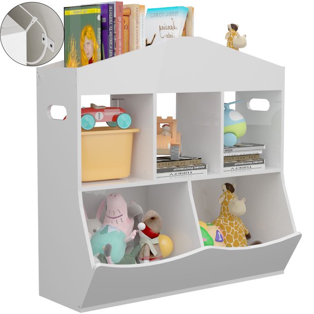 tonchean Kid's Bookshelf Toy Storage White, Toy Cubby with Book Shelf