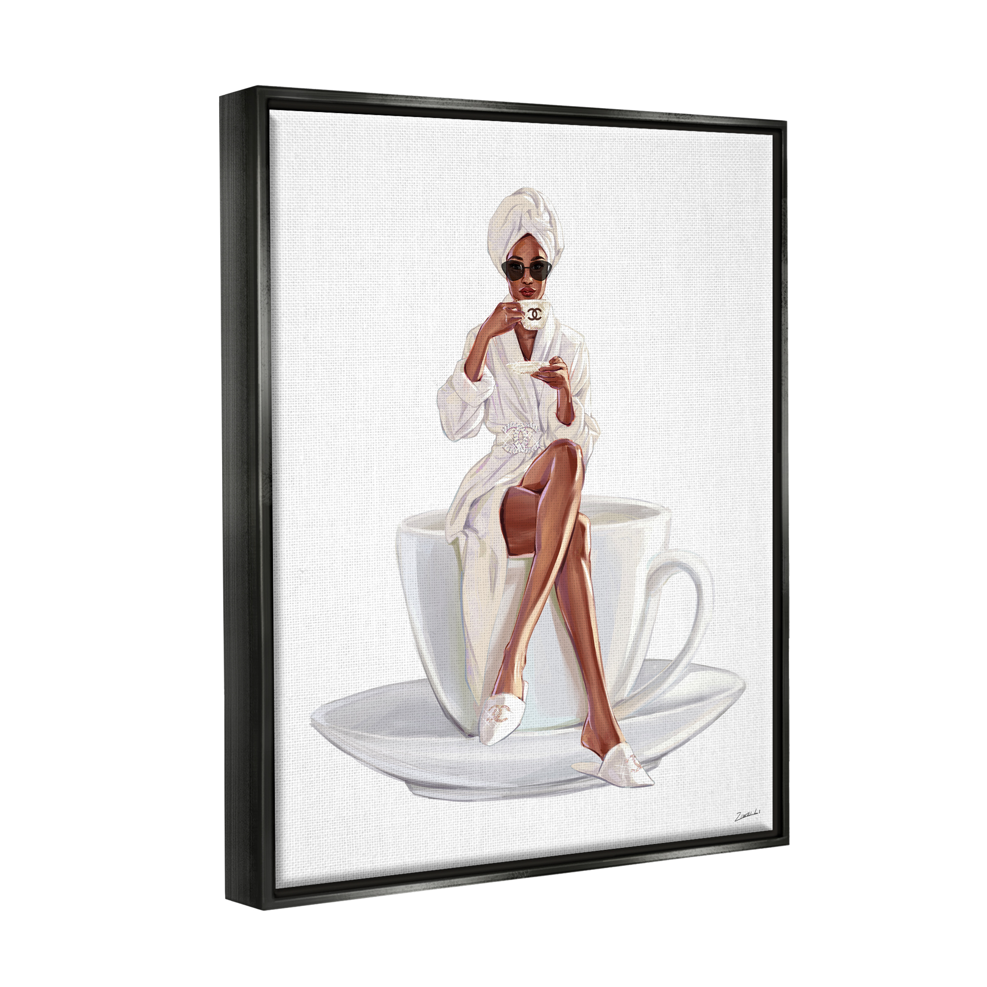 Stupell Industries Chic Coffee Teacup Woman Sipping Robe Sunglasses Jet Black Framed Floating Canvas Wall Art, 24x30, by Ziwei Li