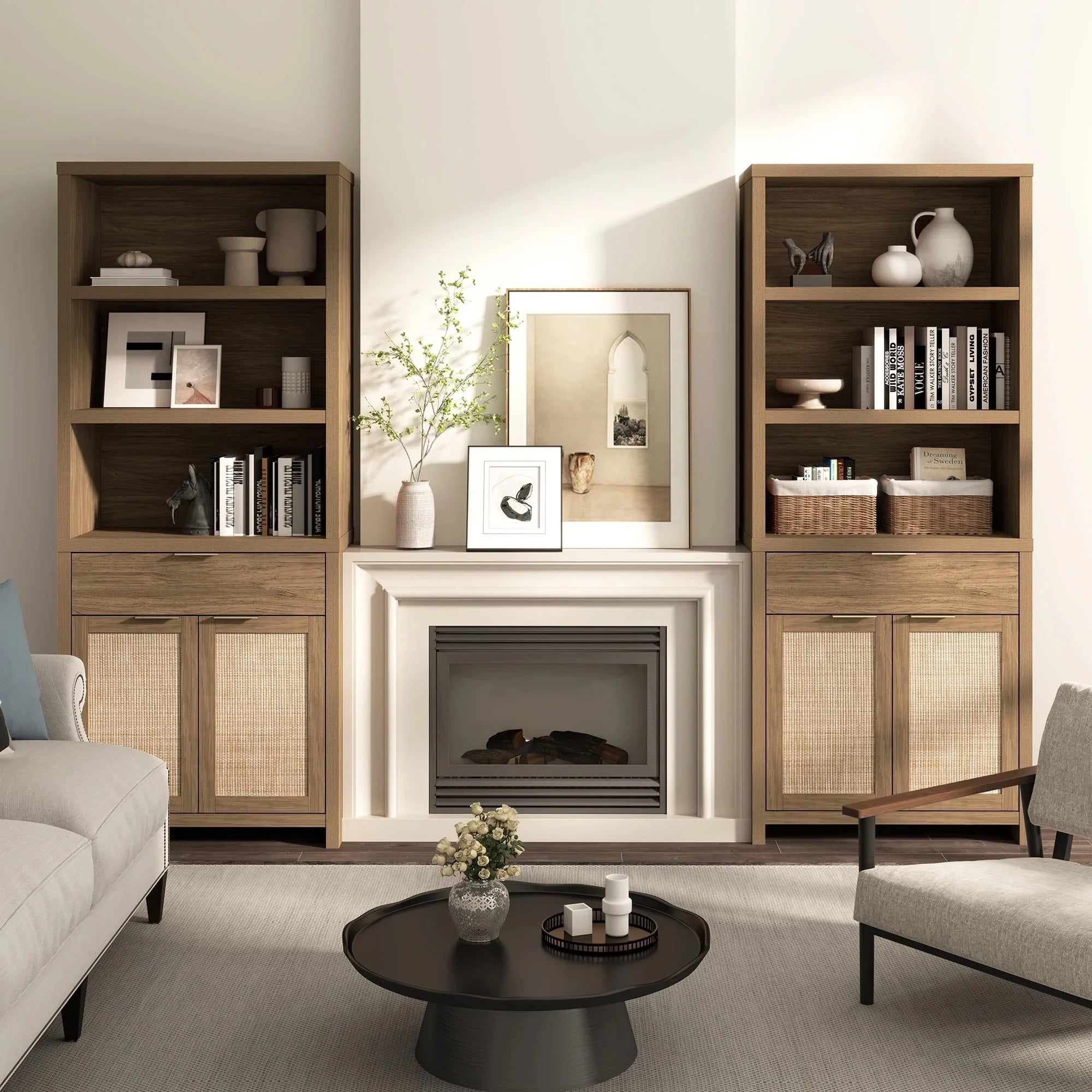 ARKANTOS Rattan Bookcase with Doors, 5 Shelf Adjustable Bookshelf Storage Cabinet, Classic Walnut