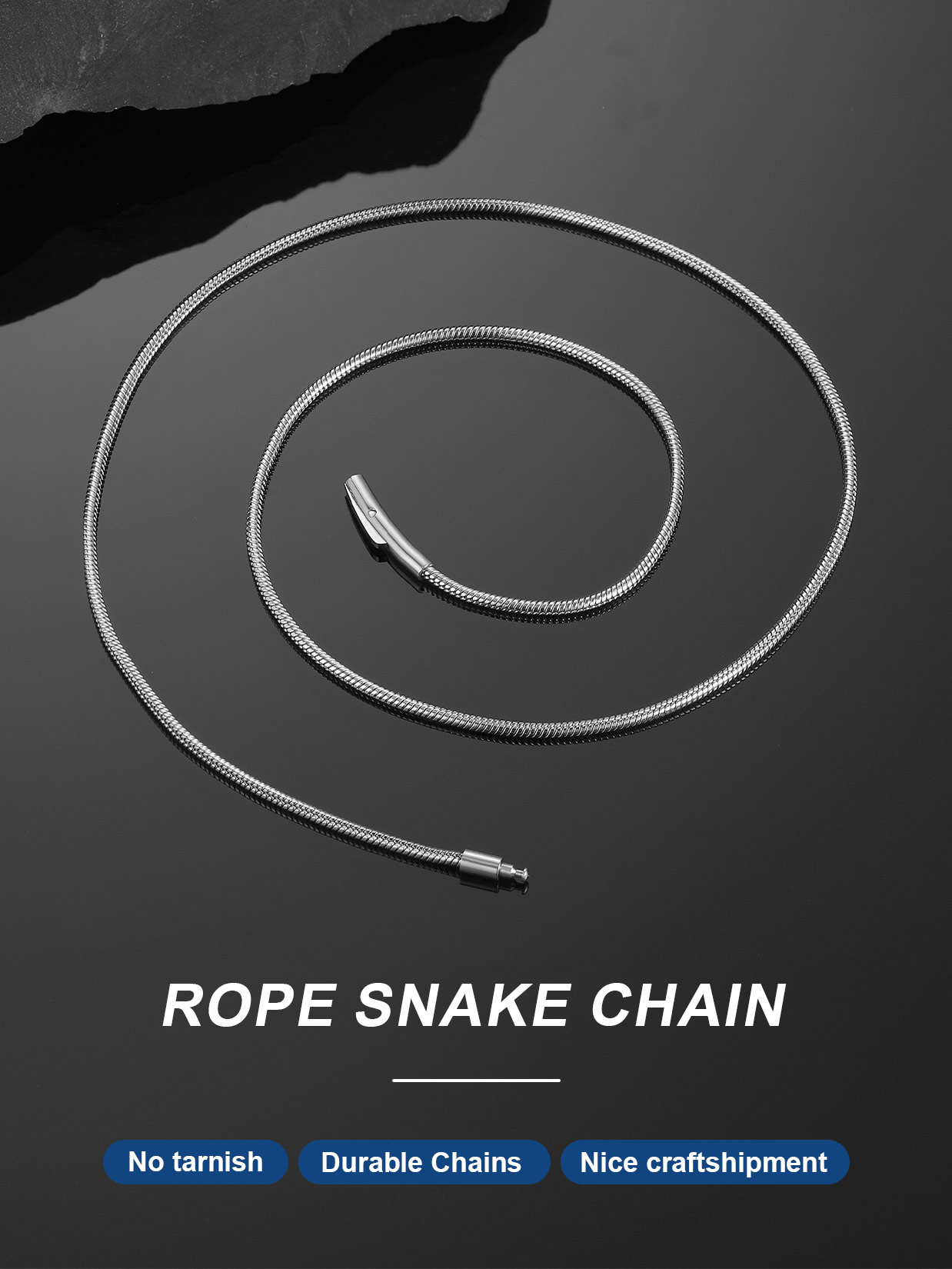 ChainsProMax Round Snake Chain for Men Women Stainless Steel Waterproof Necklace Chain for Pendant Fathers/Mothers Day Gift Dad Mom