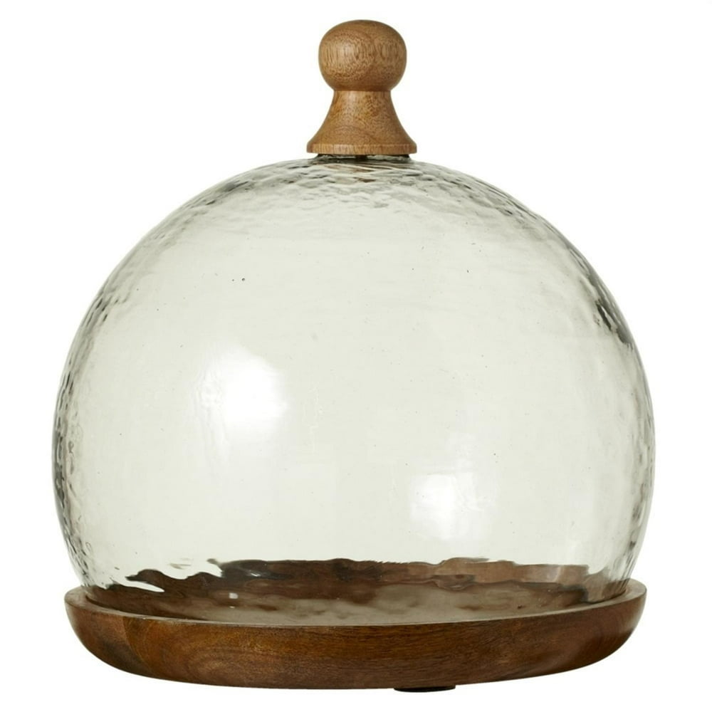 9" Small Round Glass Cloche Cheese Dome with Wooden Base