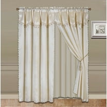 Nada Beige Complete Window Curtain Set 2 Panels Faux Silk Leaf Floral 2 Panel Solid Sheer 2 Attached Valance 2 Tassel Thick Heavy Window Curtain Drape 84" Length
