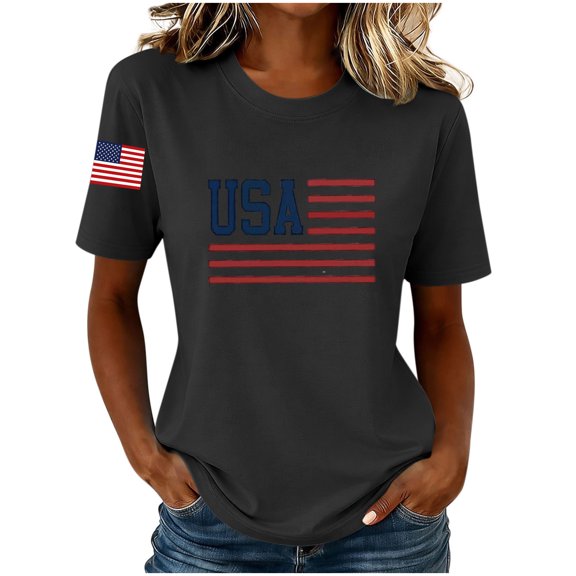 Levmjia Women's 4th of July T Shirt USA Flag Print Casual Crew Neck Short Sleeve Patriotic Top Loose Fit Summer Tee for American Independence Day