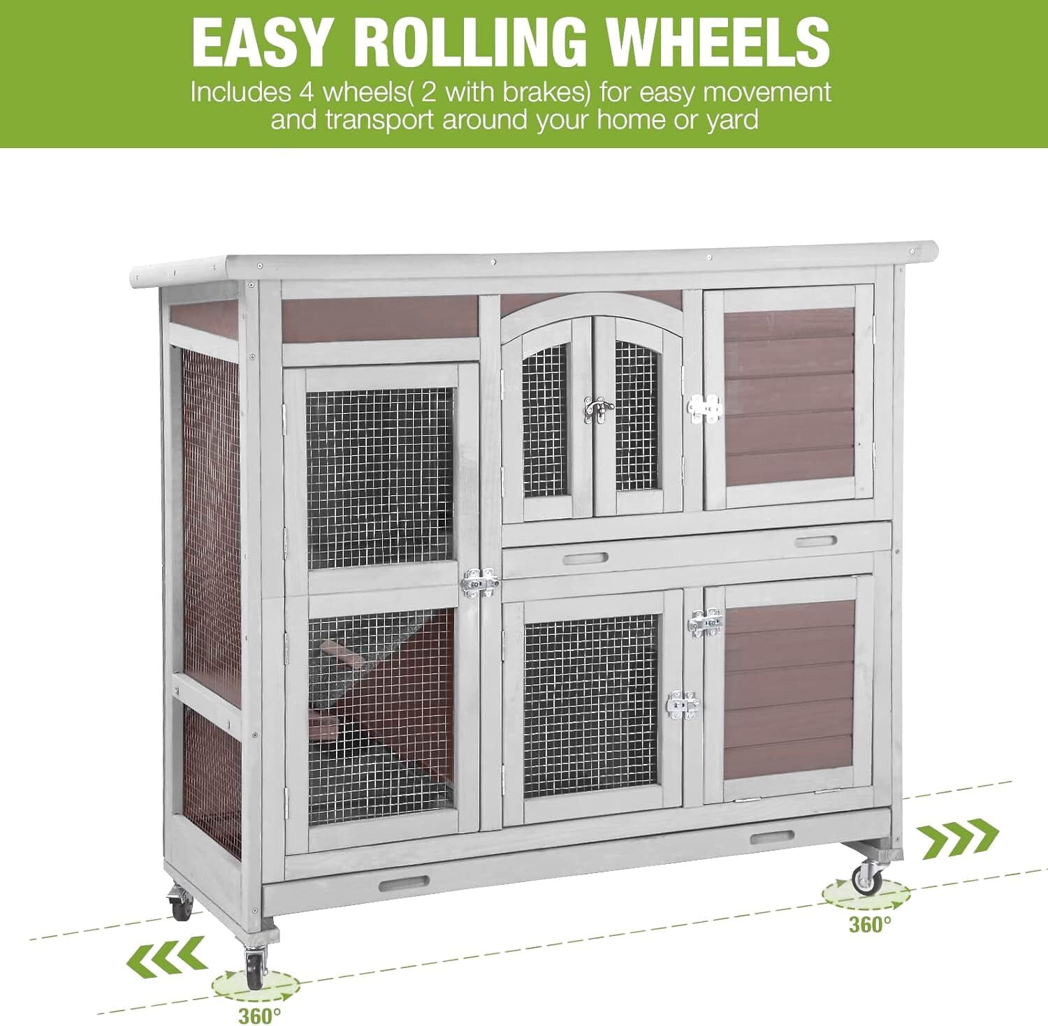 Aivituvin 2-Tier Indoor Rabbit Hutch Bunny House Guinea Pig Cage with Sliding Plastic Trays, Wheels & Ramp, 47.2" Multi-Door Wooden Small Animal Cage for Rabbits, Bunnies, and Guinea Pigs (Brown)