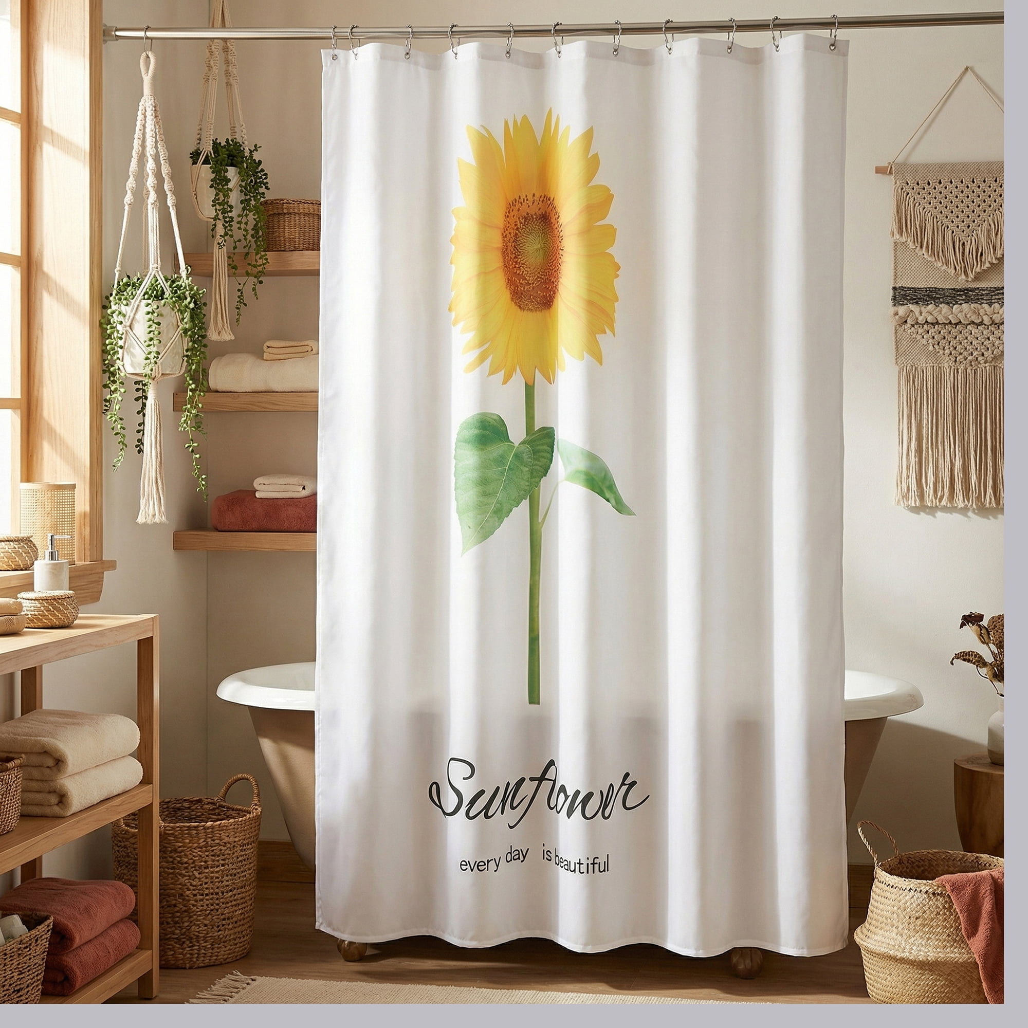 Unique Bargains Boho Shower Curtain Sets with Hooks Yellow Single Sunflower 71"W x 71"L