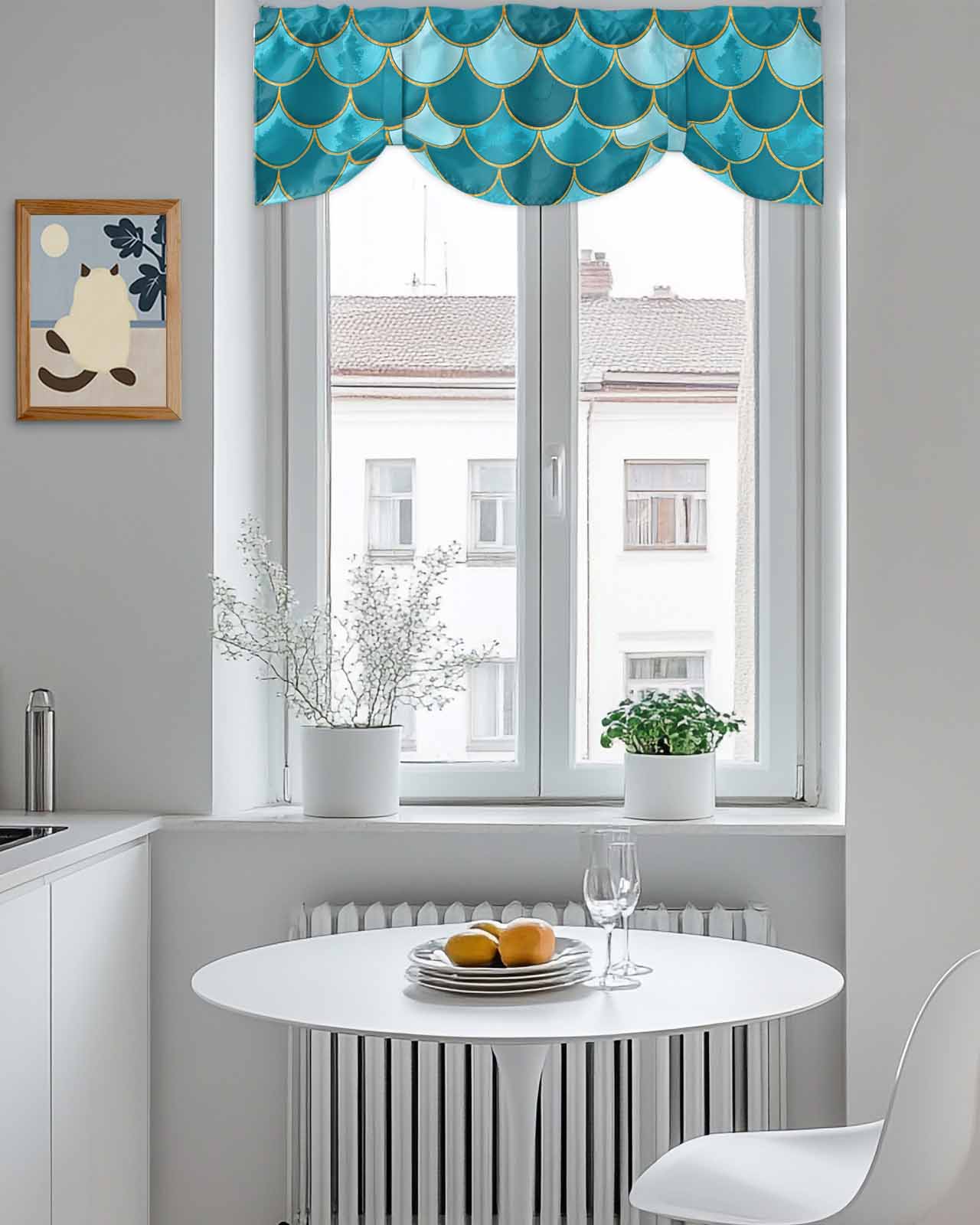 Turquoise Fish Scales Tie Up Valances Curtain, Adjustable Kitchen Ombre Fish Tail Abstract Art Vintage Valances for Windows Decor, Rod Pocket Short Curtains Set for Bedroom/Bathroom, 54"x18"