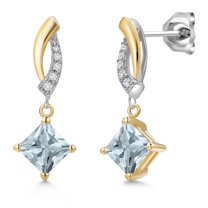 Gem Stone King 925 Silver and 10K Yellow Gold Sky Blue Aquamarine and White Lab Grown Diamond Dangle Earrings for Women | 1.05 Cttw | Gemstone March Birthstone | Princess 5MM