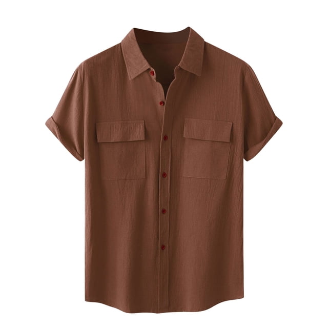 Timegard Womens Cotton Linen Tops Lapel Neck Button Short Sleeve Shirts Casual Loose Tops with Pockets