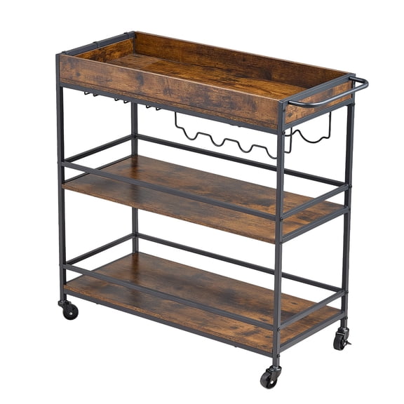 KFFKFF 3-Tier Bar Cart with Wine Rack & Glass Holder, Rolling Utility Serving Cart for Kitchen or Home, Industrial Design with Mobile Shelves, 34.64x14.17x32.68 in, Rustic Brown and Black