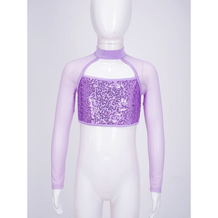 CHICTRY Shiny Sequins Crop Top for Girls Long Sleeve Ballet Modern Dance Tops Costume Purple 14 Walmart
