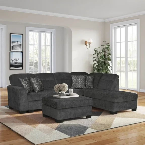 L-Shaped Right Facing Sectional Sofa with Ottoman and Pillows, Modern Living Room Corner Sofa Set,
