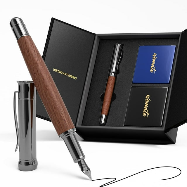 Set de Pluma Fuente WEMATE de Madera de Roble con Punta Fina y 20 Cartuchos de Tinta