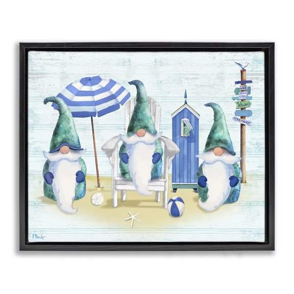 Stupell Industries Coastal Nautical Beach Gnome Trio Black Floating Frame Canvas Art, 31 x 25, by Paul Brent
