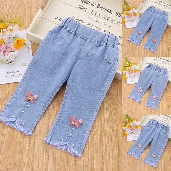 Pants for Girls Baby Girls Capri Soft Elastic Waist Denim Pants Toddler Summer Gold 18-24 Months