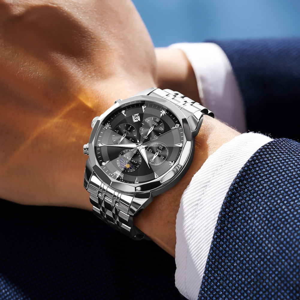 OLEVS Watches For Men Business Dress Luxury Casual Chronograph Multifunction Analog Quartz Stainless Steel Waterproof Luminous Moon Phase Date Men Wrist Watches Reloj Para Hombre Black Dial