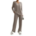 thumbnail image 2 of Womens Ribbed Knit 2 Piece Sets Long Sleeve Sweater and Wide Leg Pants Loungewear Pajamas Set Deep Khaki XXL, 2 of 8