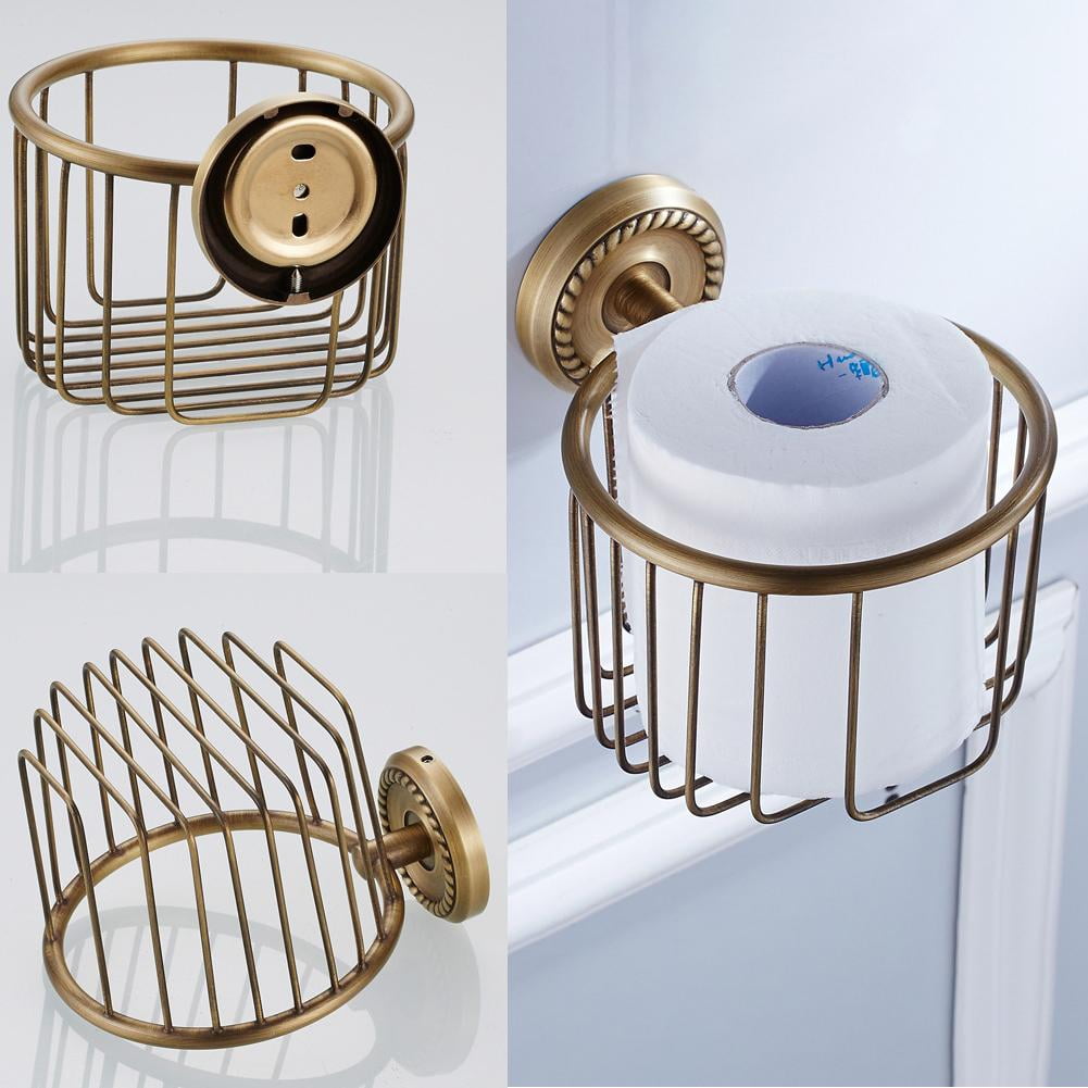 Vintage Bronze Wall Mounted Toilet Paper Holder Antique Brass Bathroom Accessories Tissue Dispenser with Stable Metal Stand, Wire Basket Storage Rack - for Roll with Diameter