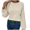 thumbnail image 2 of Womens Long Sleeve Sweater Knitted Shirts Loose Fitted Crewneck Basic Tops Casual Outfits Fall Clothes Beige S, 2 of 5