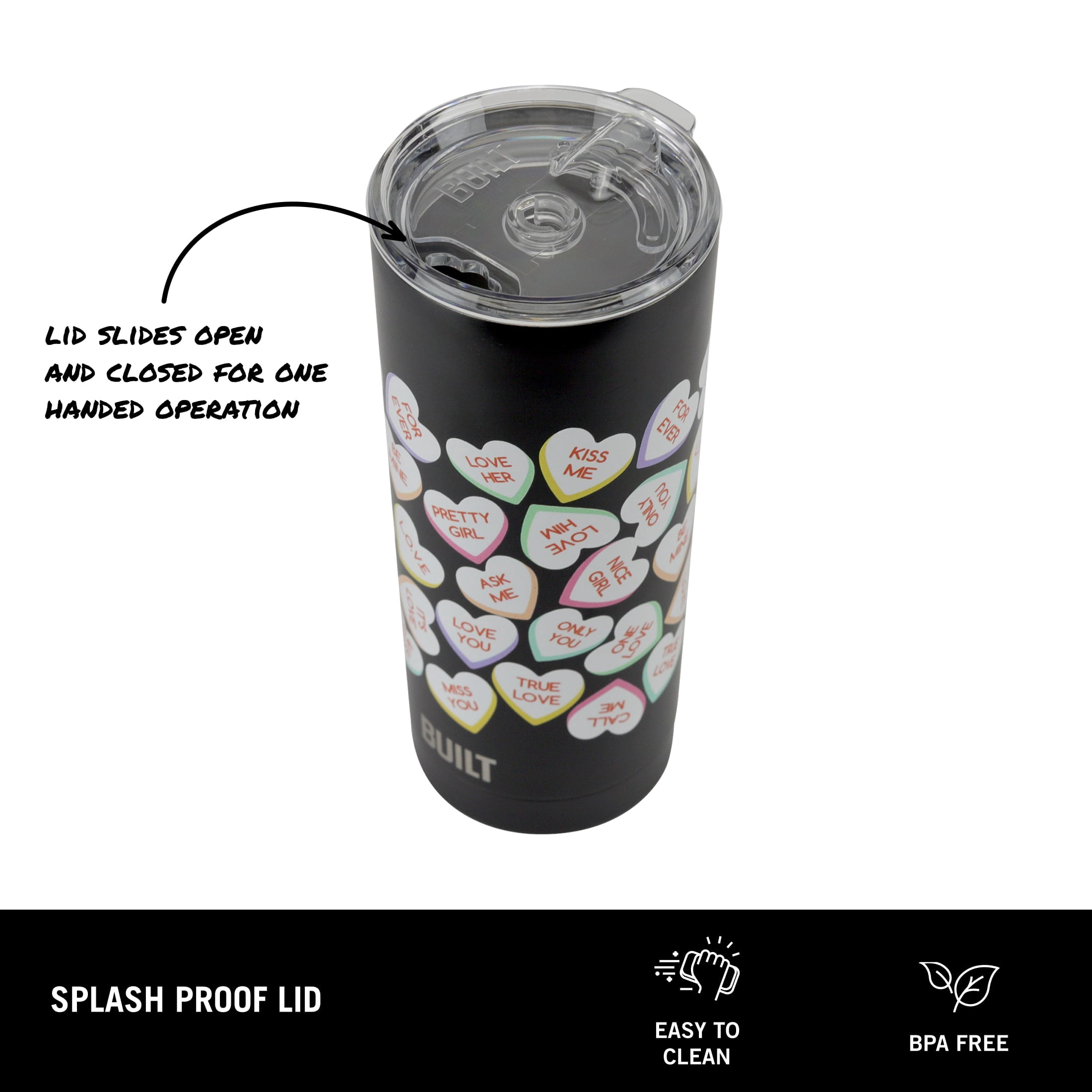 BUILT Valentine's Day Insulated Stainless Steel 20 oz Tumbler Black Conversation Hearts