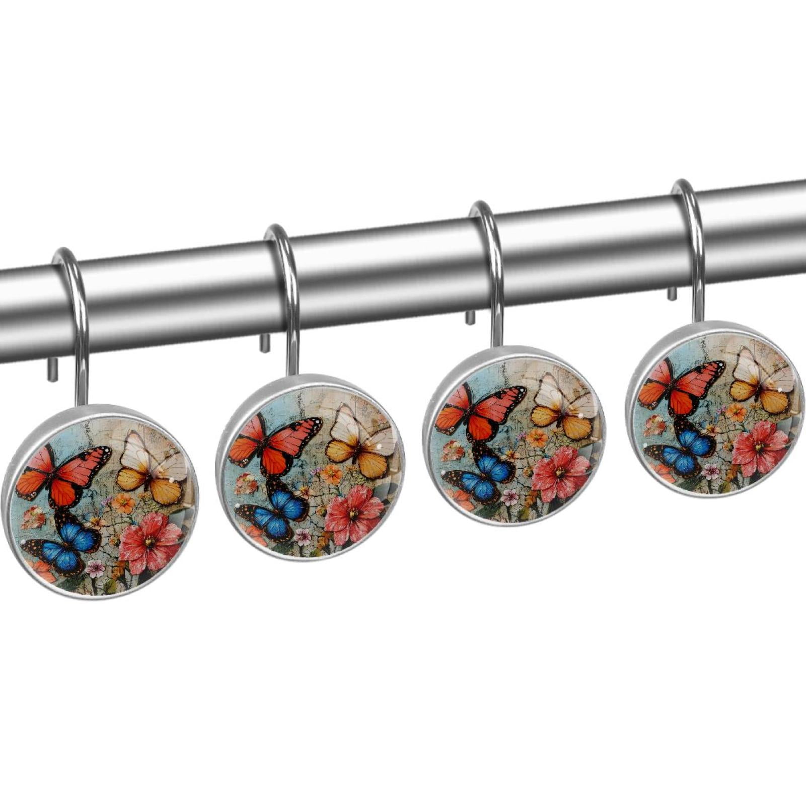 Butterfly Hibiscus Flowers Vintage Shower Curtain Hooks Round Crystal Glass, Set of 12 Shower Curtain Rings - Shower Hooks for Curtain Shower Rings