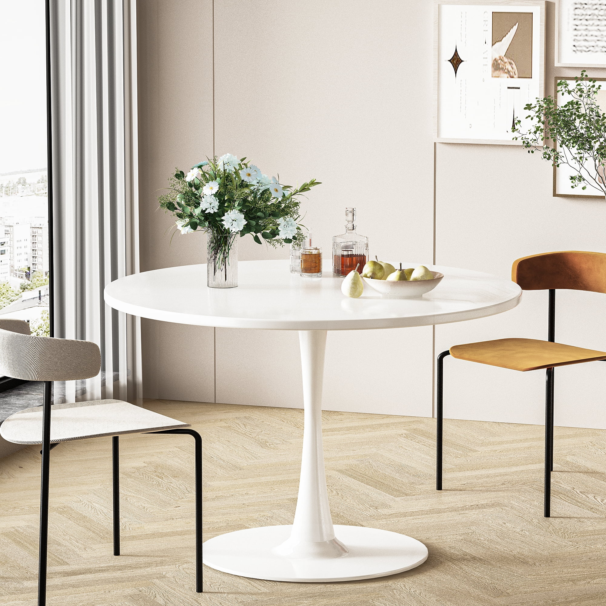 LTTROMAT Round Dining Table, 42 inch Tulip Table Pedestal Dining Table, Round Pedestal Table for Mid-Century End Table Coffee Office Living Room Table, White