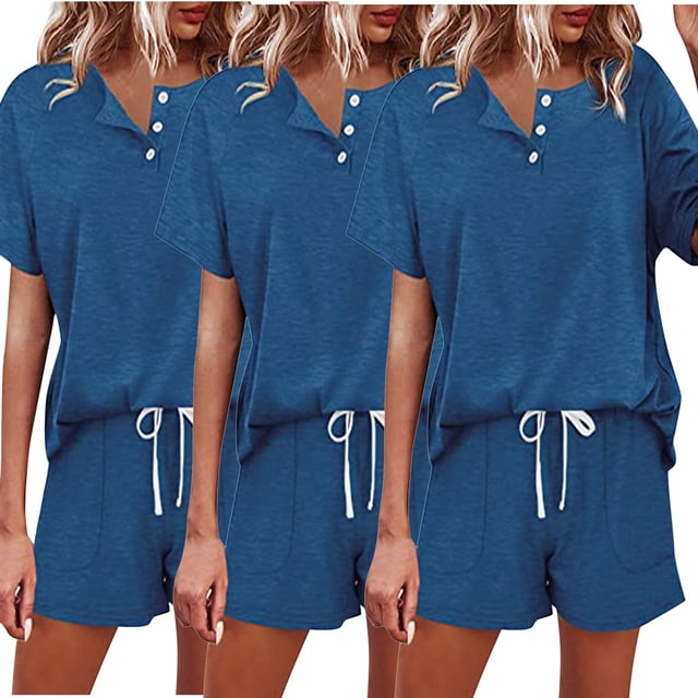Annhoo Lounge Sets for Women Summer Button down Short Sleeve Shirts with Drawstring Waist Shorts Pj Sets 3 Pack