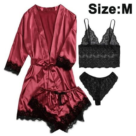 4 Pieces Women s Satin Floral Lace Cami Top Lingerie Pajama Set with Robe Dressing Gown Kimono Lingerie Set Satin Pajamas Lace Robe Bra