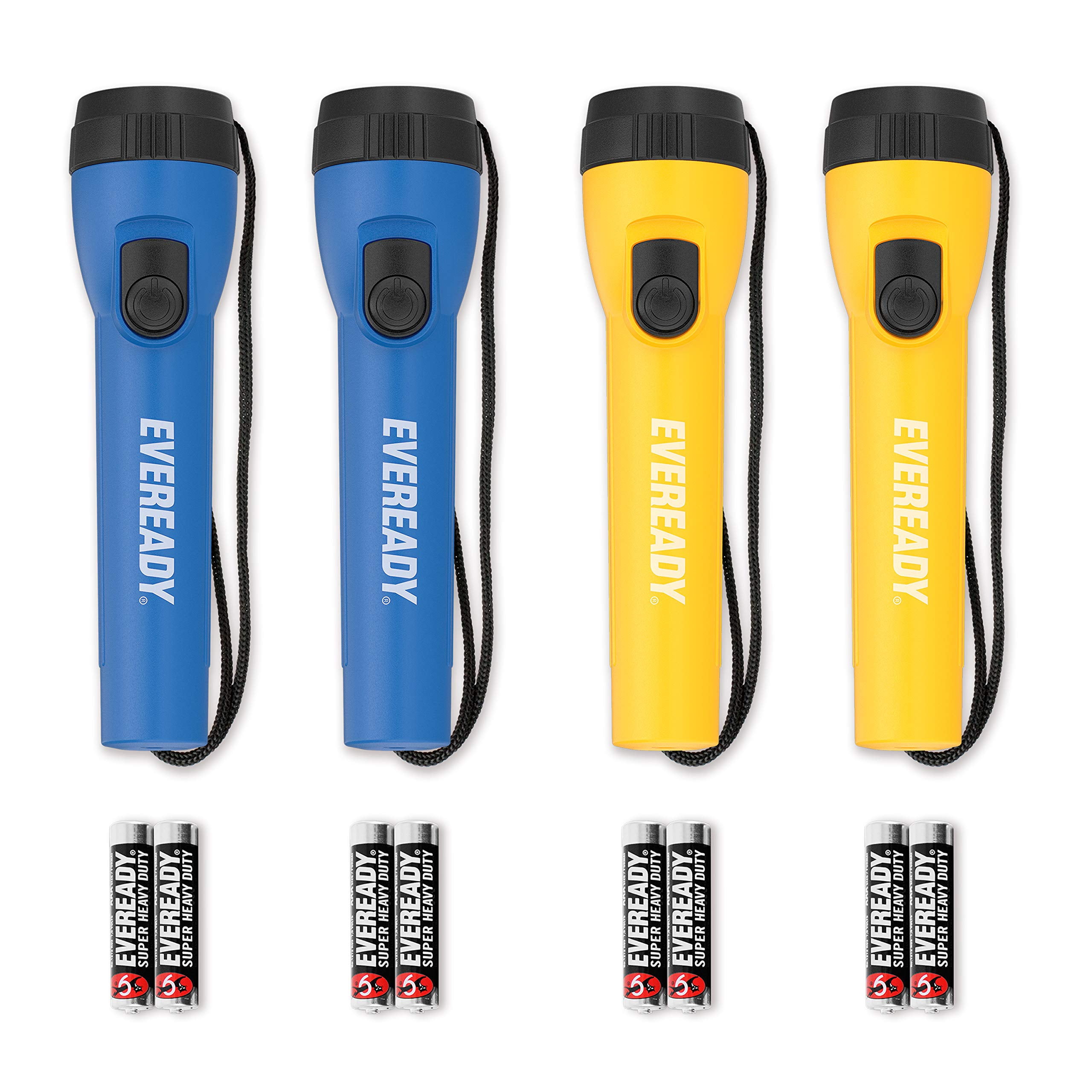 EVEREADY LED Flashlights (4-Pack), Bright Flashlights for Emergencies and Camping Gear, Flash Light with AA Batteries Included, Blue/Yellow (4-Pack) 4-pack Yellow/Blue (4-Pack)
