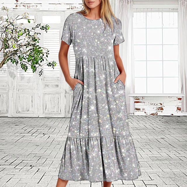 Jusqu'à 65 % de Réduction! Robes d'Été Mode pour Femmes 2024 Grande Taille Décontractée Manches Courtes Col Rond Robe Fluide à Étages Robe de Plage avec Poches Imprimé Brillant