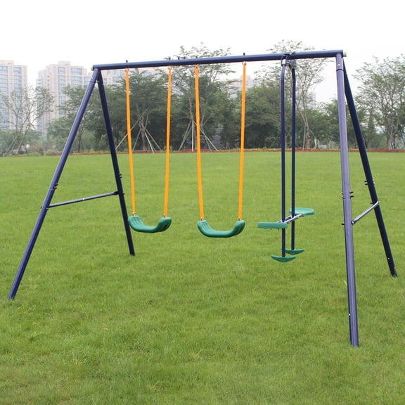 2-in-1 Outdoor Swing Set with Belt Swing & Glider, Heavy-Duty Steel Frame, Backyard Playset