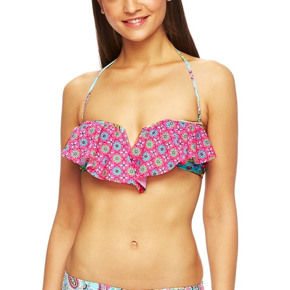 In Mocean Pink Floral Flounce Bandeau Bikini Top Swimwear Juniors' Women's Small