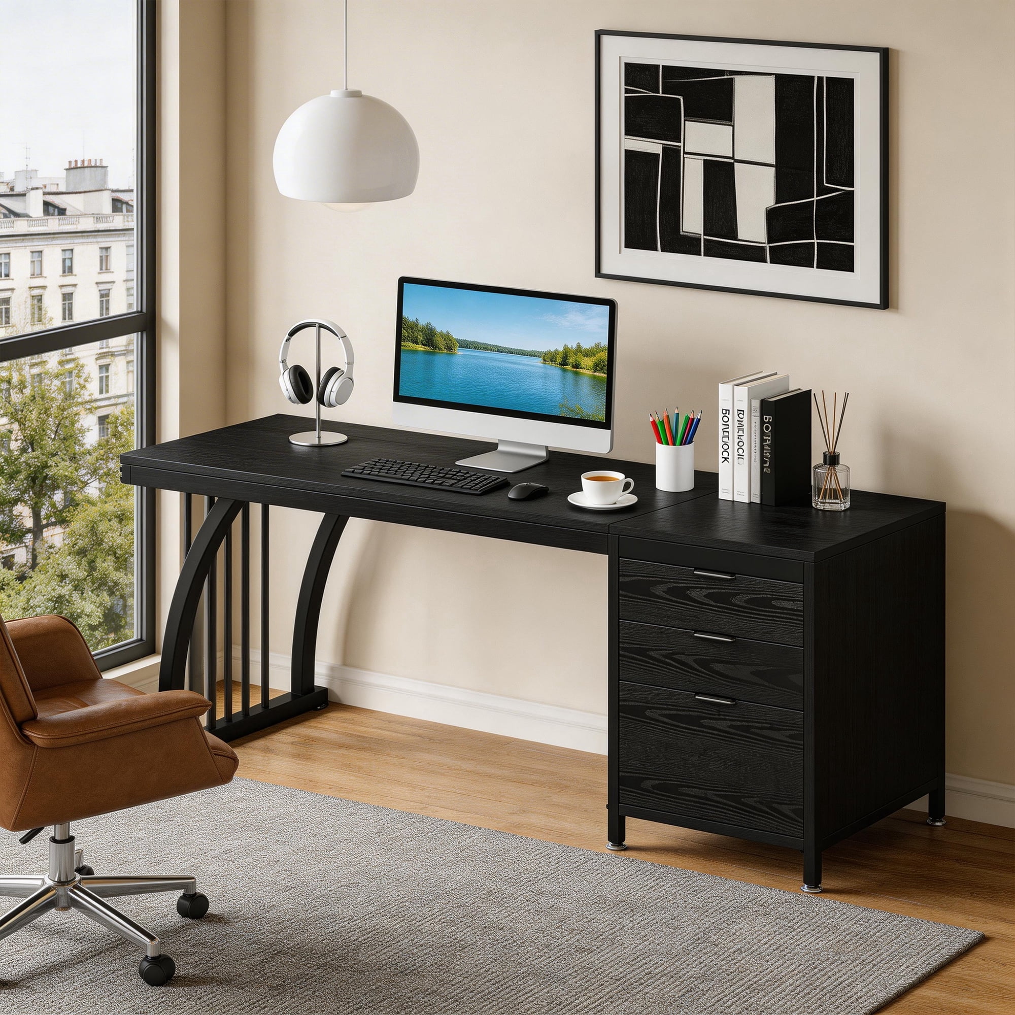 59 Inch Computer Desk With 3 Drawers Reversible Drawers Industrial PC Desk File Storage Study Writing Table Workstation For Home Office (Black)
