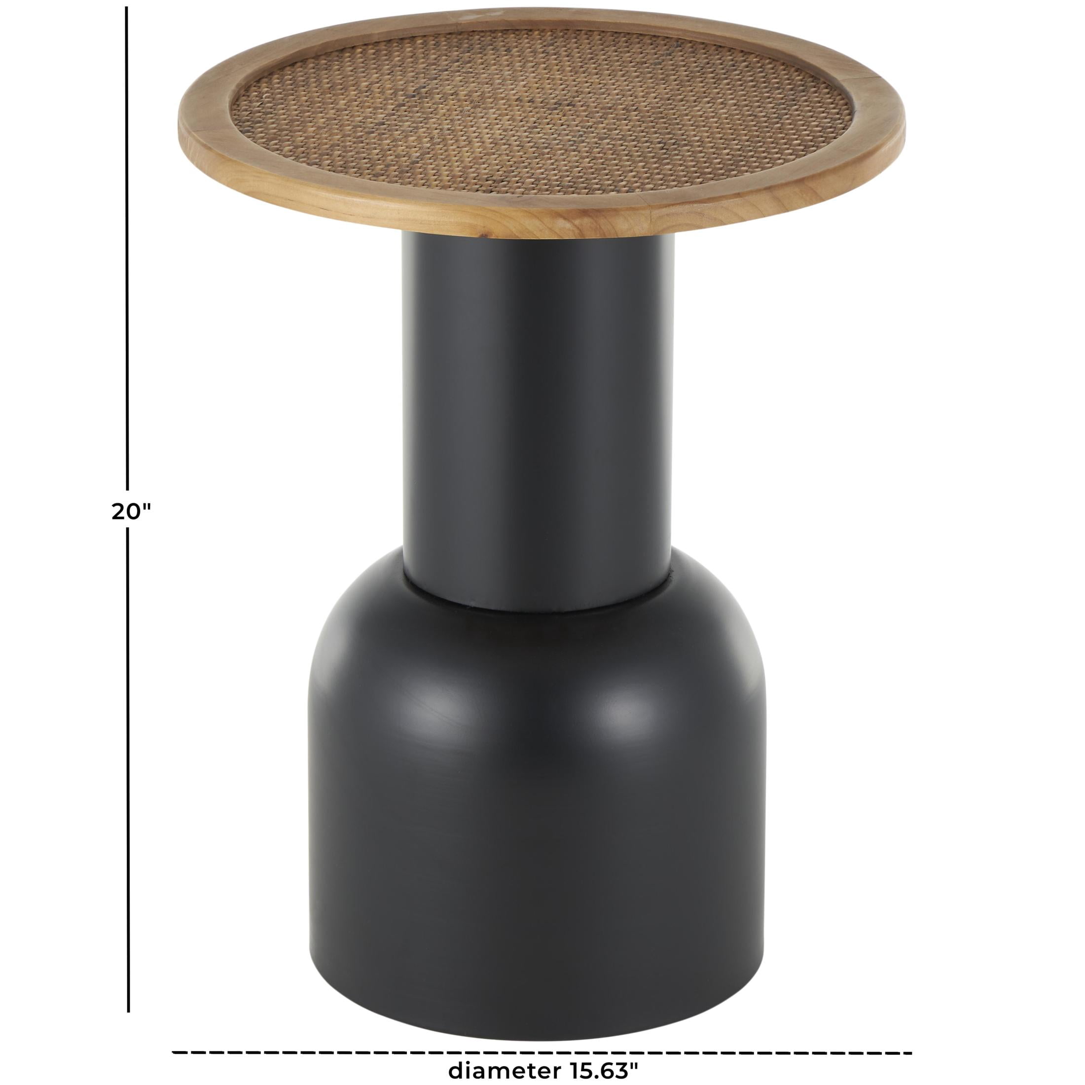 DecMode 16" x 20" Black Metal Handmade Pedestal Accent Table with Brown Rattan Tabletop, 1-Piece