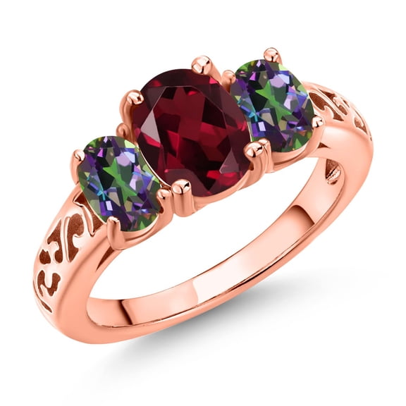 Gem Stone King 18K Rose Gold Plated Silver Red Rhodolite Garnet and Green Mystic Topaz Filigree Style 3 Stone Ring for Women (2.55 Cttw, Oval 8X6MM and 6X4MM) (Size 6)