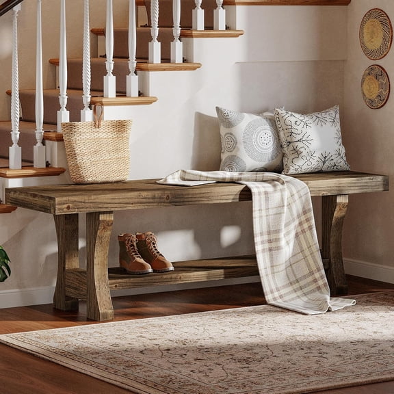 Finmind 55" Solid Wood Entryway Bench, Long Indoor Bench for Bedroom, Hallway, Dining Room, Dark Brown