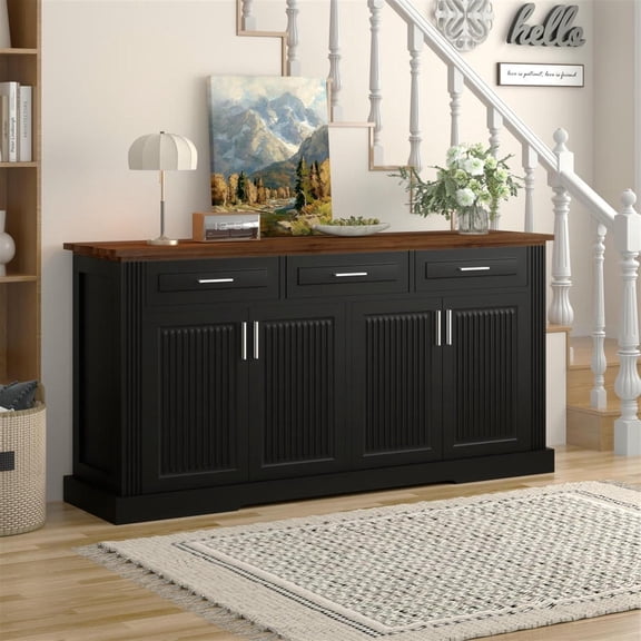 Spaco Black 63" Fluted Sideboard Buffet - 4 Doors & 3 Drawers, Farmhouse Coffee Bar for Kitchen Dining Room