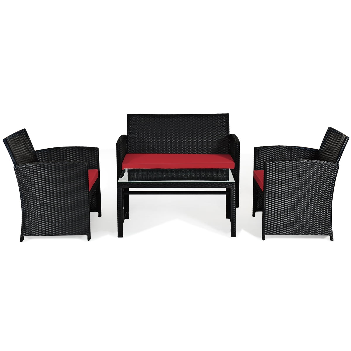 Costway 4PCS Patio Rattan Furniture Conversation Set Cushion Sofa Table Garden Red