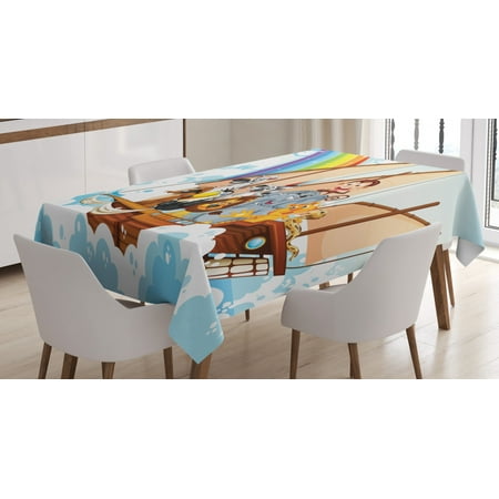 

Children Tablecloth Many Animals on a Boat Noah s Ark in Fluffy Clouds with Rainbow Fantasy Cartoon Rectangular Table Cover for Dining Room Kitchen 60 X 90 Inches Multicolor by Ambesonne
