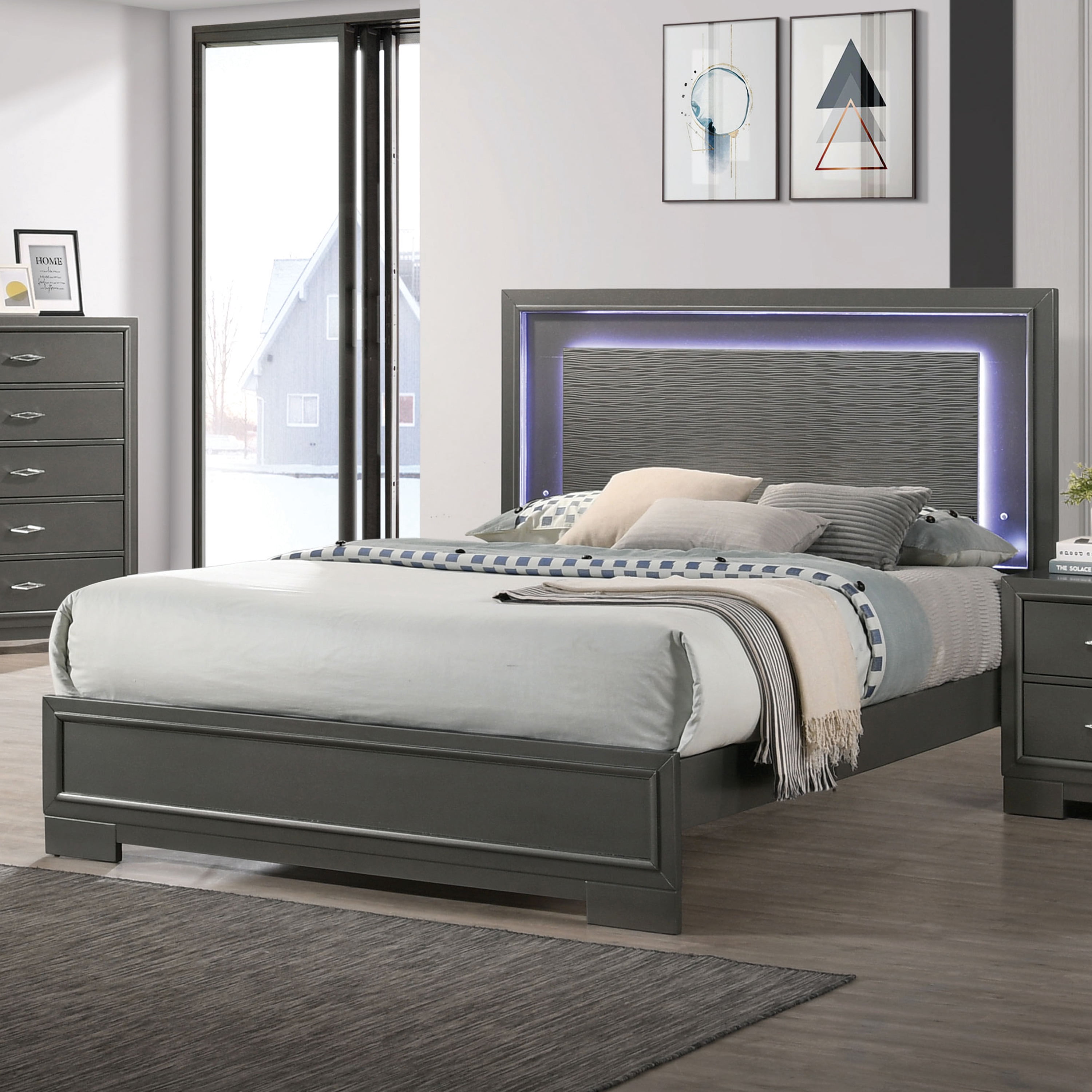 Furniture of America Willow Wood Bed with LED, Gray, King