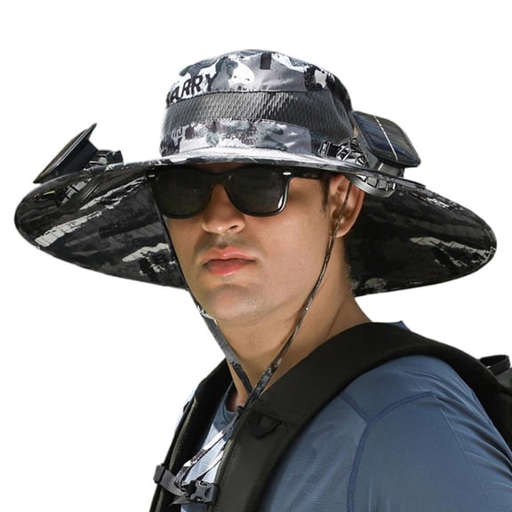 Solar Powered Sun Hat with Dual Cooling Fans, USB Rechargeable Wide Brim Fishing Hat, Water-Repellent UPF 50  Safari Cap for Hiking, Gardening & Outdoor Work, Grey