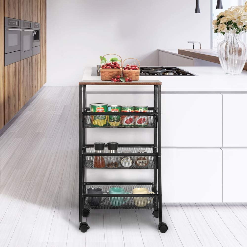 Rustic 3-Tier Metal Wire Storage Kitchen Cart on Wheels, Black by Haitral