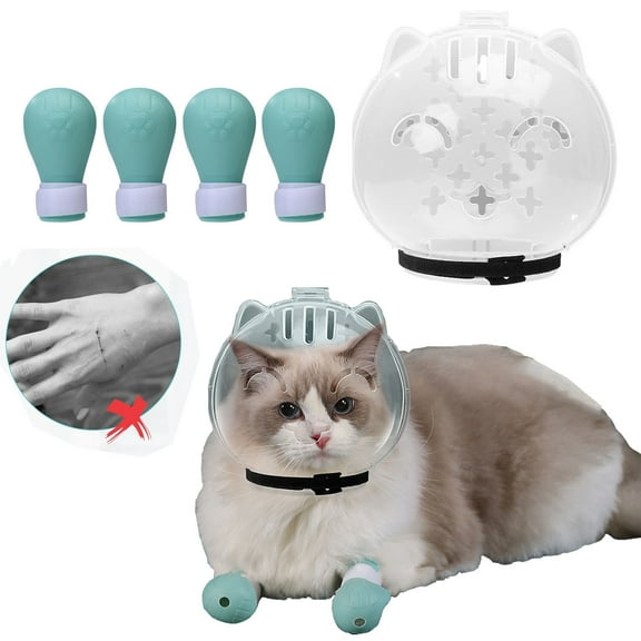 Cat Muzzle and Boots, Breathable Cat Muzzle Combo for Grooming, Anti-Bite Muzzles Cat Hood Face Mask with Silicone Paw Covers, Bubble Helmet for Bathing Shaving Nail Trimming