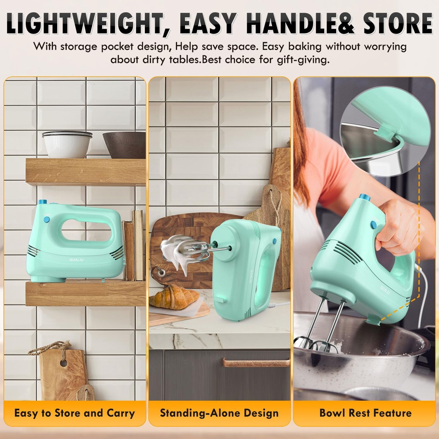 CozyNestFinds Electric Hand Mixer with Stainless Steel Whisk,Dough Hook Attachment and Storage Bag, Handheld Mixer for Baking Cakes,Eggs,Cream Food Mixers. Turbo Boost /5 Speed Kitchen Blender GREEN