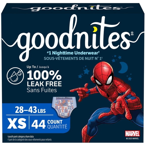Sous-vêtements de nuit Goodnites pour garçons, taille TP (13 à 20 kg [28 à 43 lb]), 44 sous-vêtements